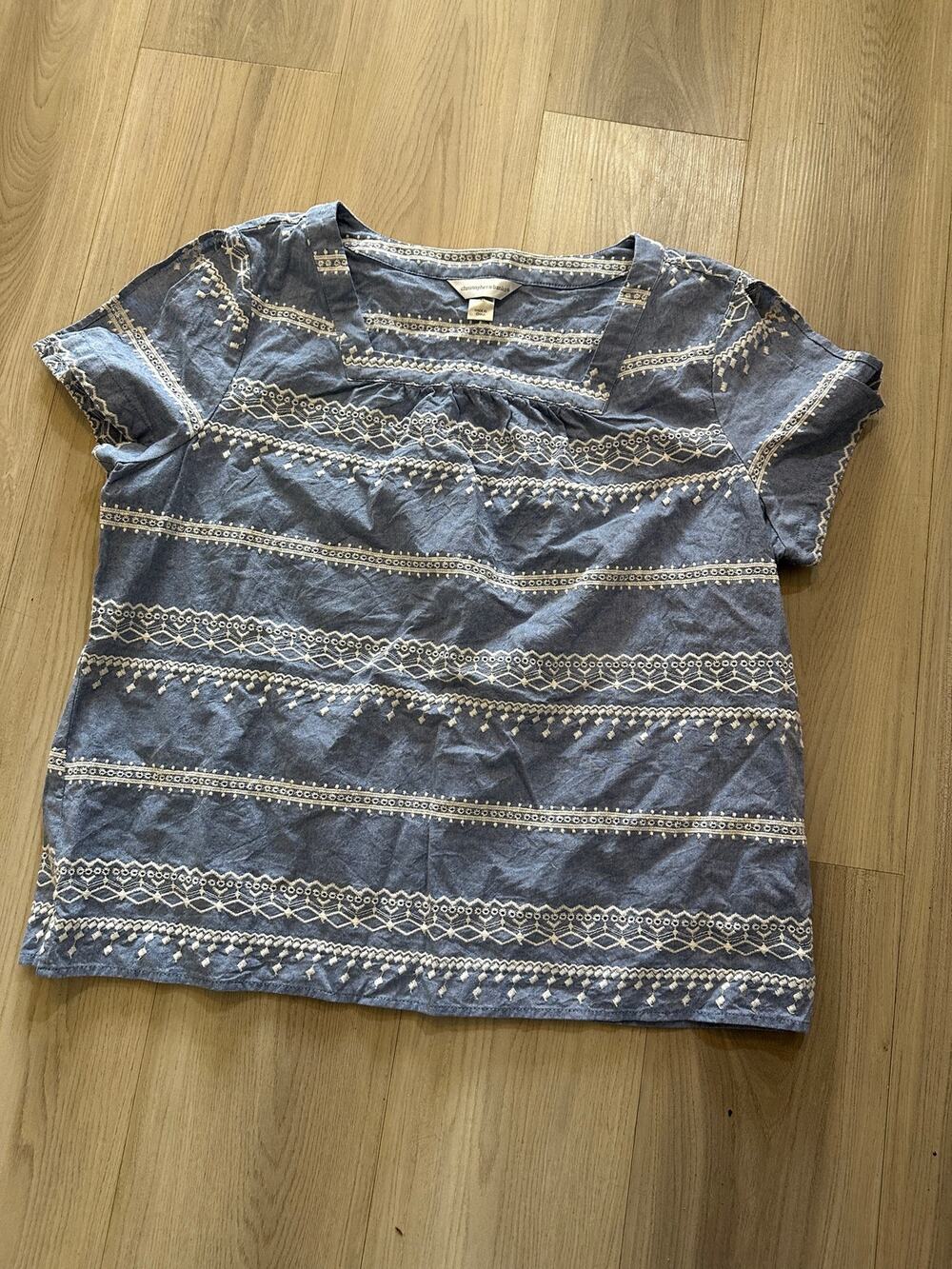 Christopher & Banks Chambray Embroidered Top Blue White Boho Square Neck XL